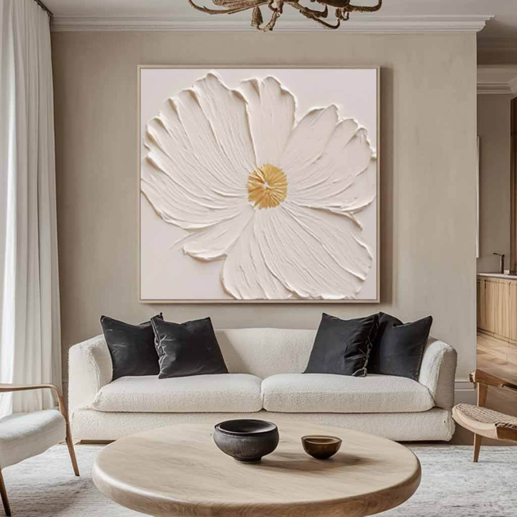 Textured 3D White Flower Art | Gold Accent Painting #AA 067