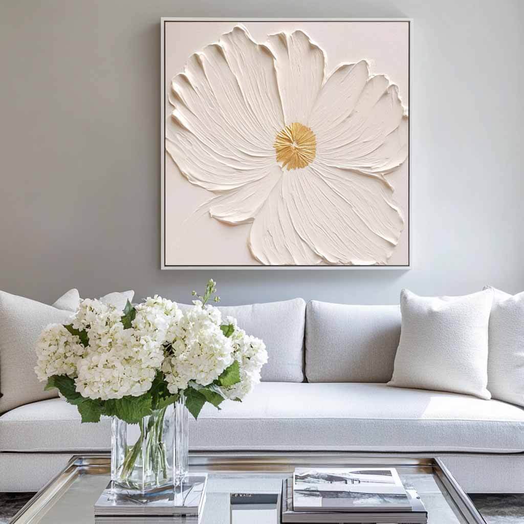 Textured 3D White Flower Art | Gold Accent Painting #AA 067