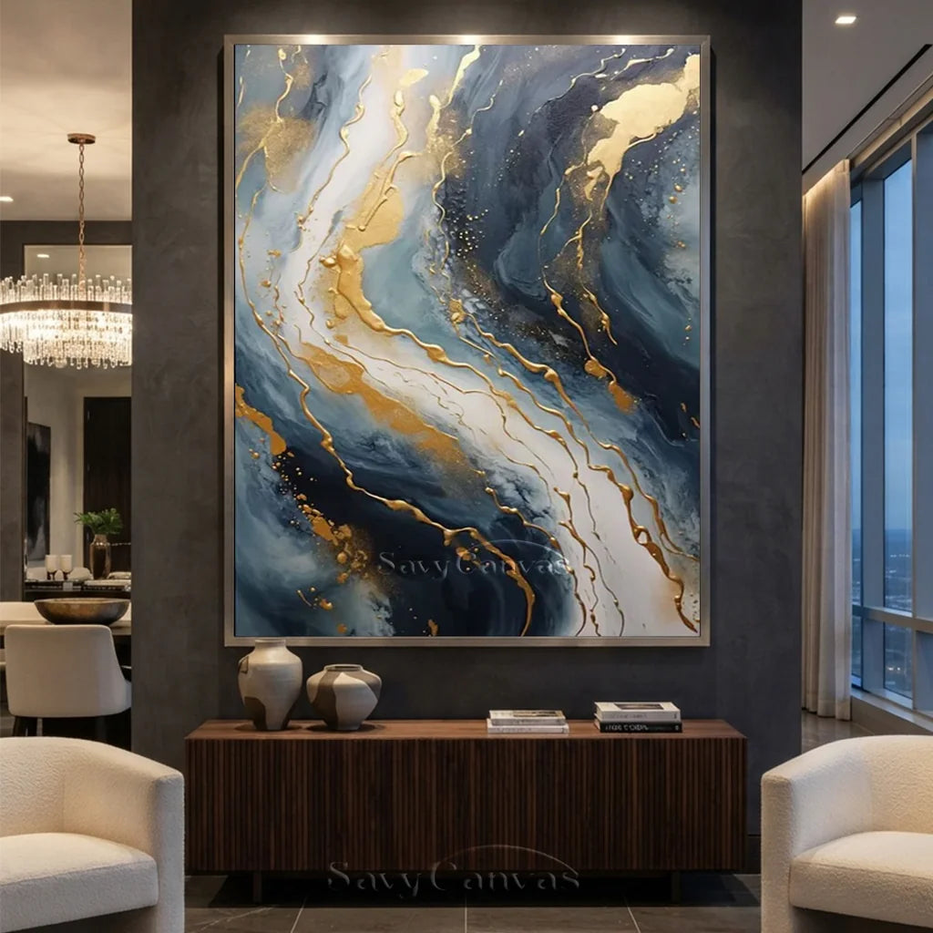 Navy Blue and Gold  Abstract Textured Wall Painting | Large Wall Decor #TC 074