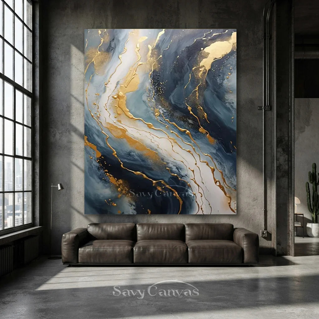 Navy Blue and Gold  Abstract Textured Wall Painting | Large Wall Decor #TC 074