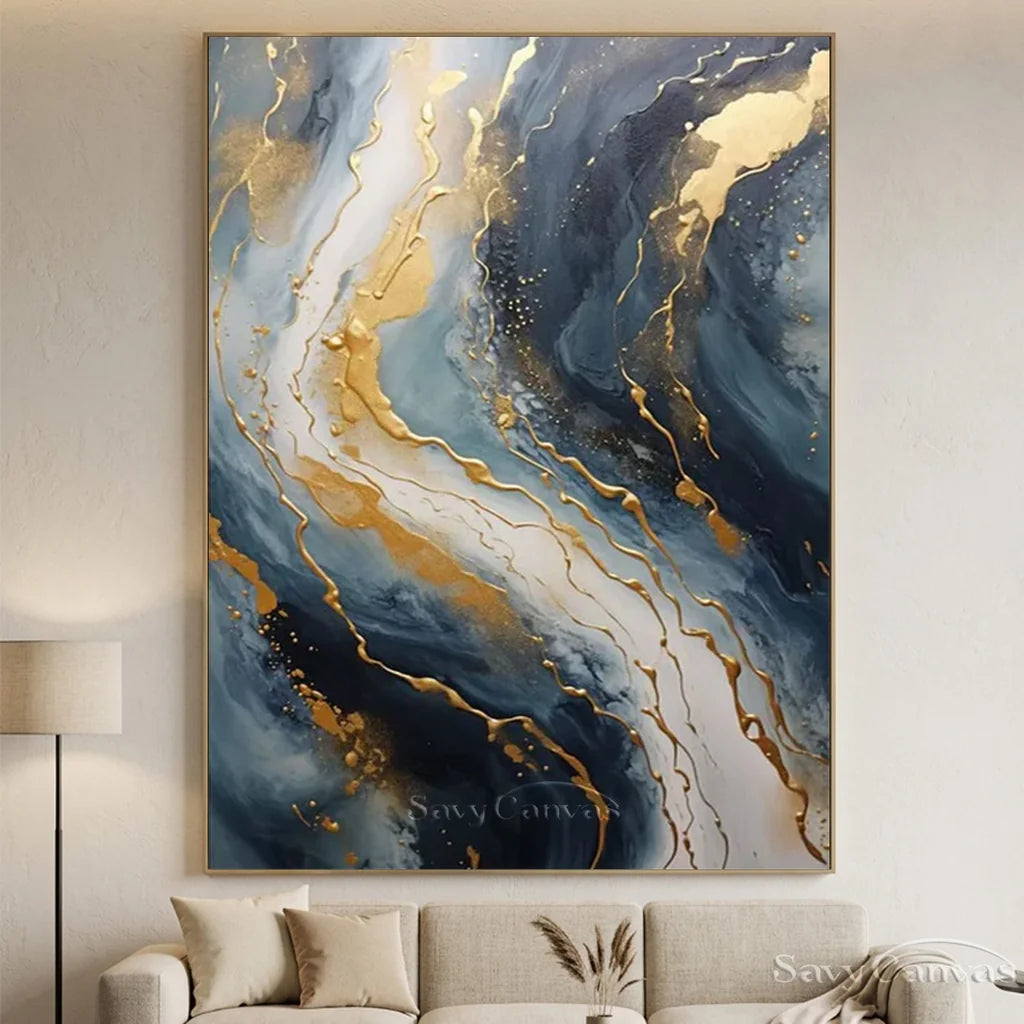 Navy Blue and Gold  Abstract Textured Wall Painting | Large Wall Decor #TC 074