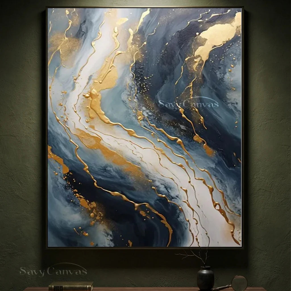 Navy Blue and Gold  Abstract Textured Wall Painting | Large Wall Decor #TC 074