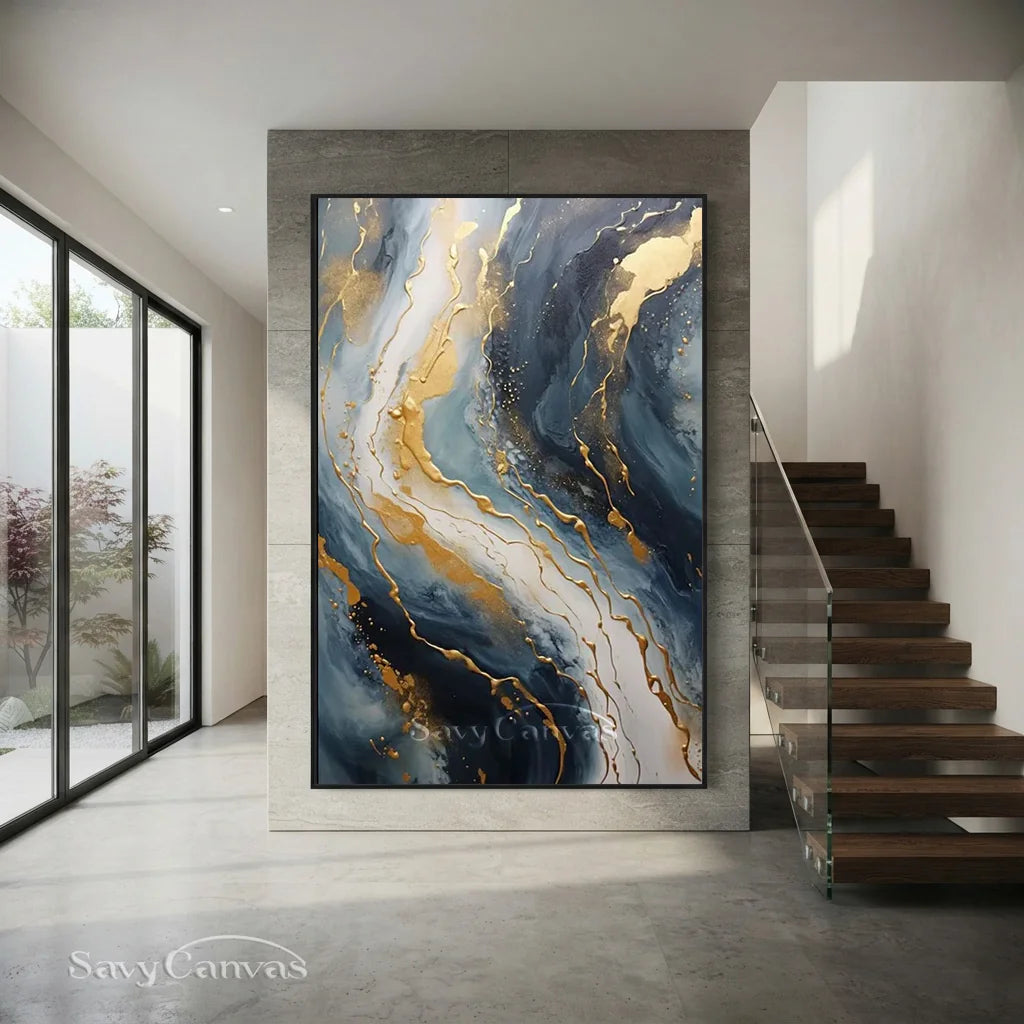 Navy Blue and Gold  Abstract Textured Wall Painting | Large Wall Decor #TC 074
