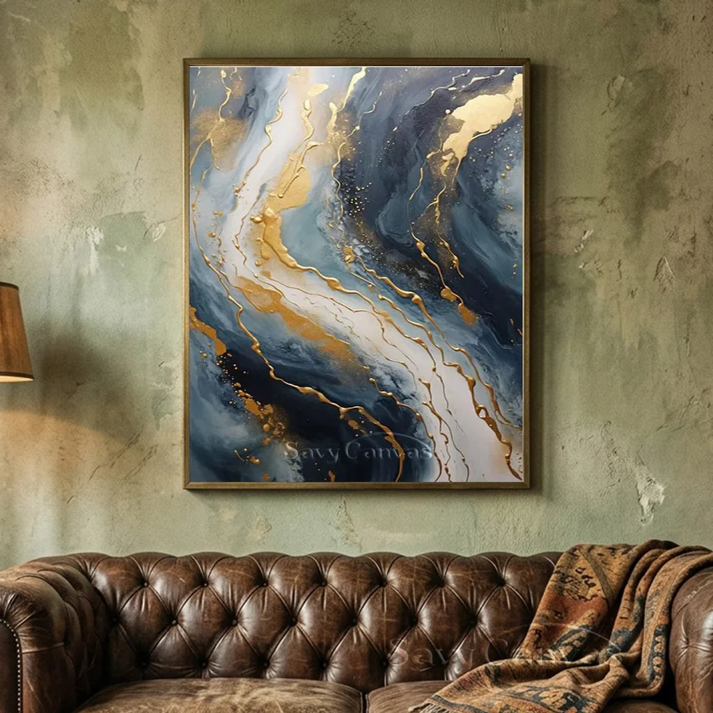Navy Blue and Gold  Abstract Textured Wall Painting | Large Wall Decor #TC 074