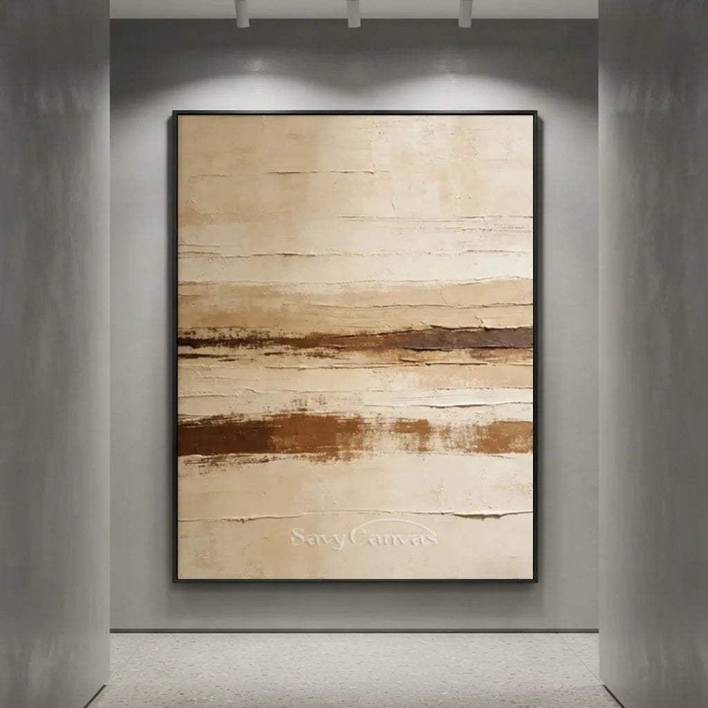 Handpainted Textured Beige & Brown Horizontal Line Abstract Painting #ZC 53