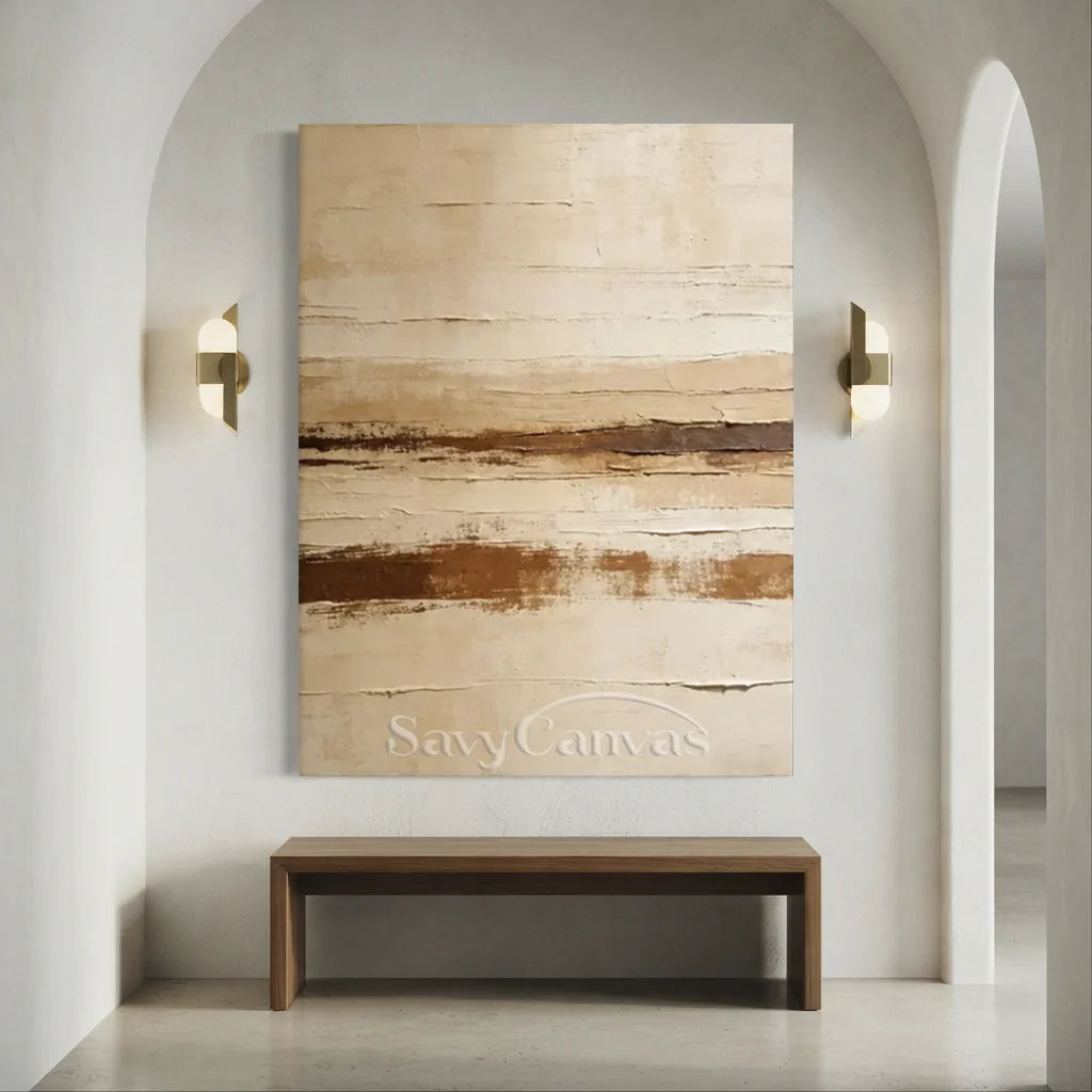 Handpainted Textured Beige & Brown Horizontal Line Abstract Painting #ZC 53