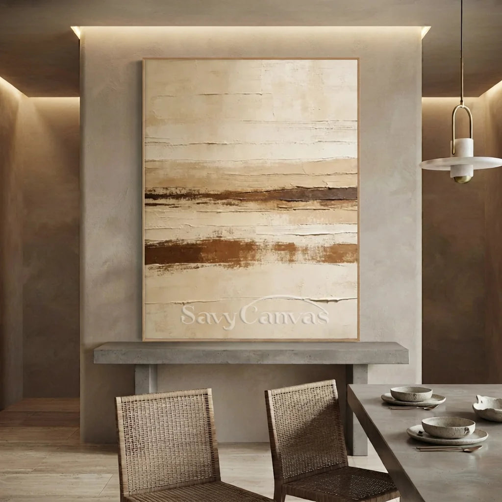 Handpainted Textured Beige & Brown Horizontal Line Abstract Painting #ZC 53