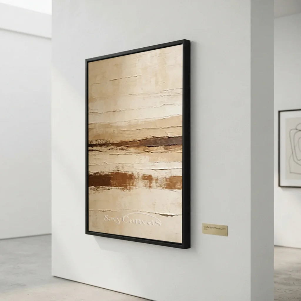 Handpainted Textured Beige & Brown Horizontal Line Abstract Painting #ZC 53