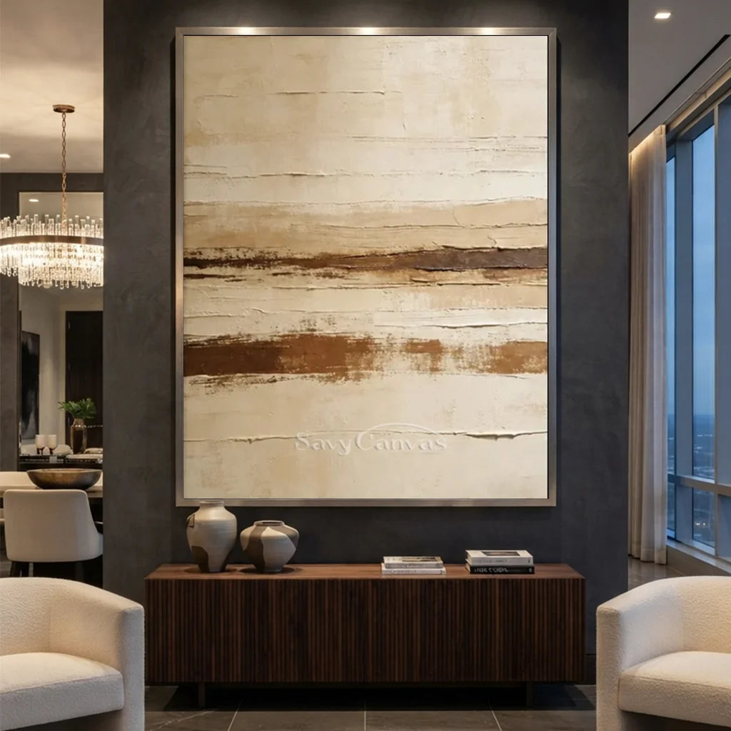 Handpainted Textured Beige & Brown Horizontal Line Abstract Painting #ZC 53