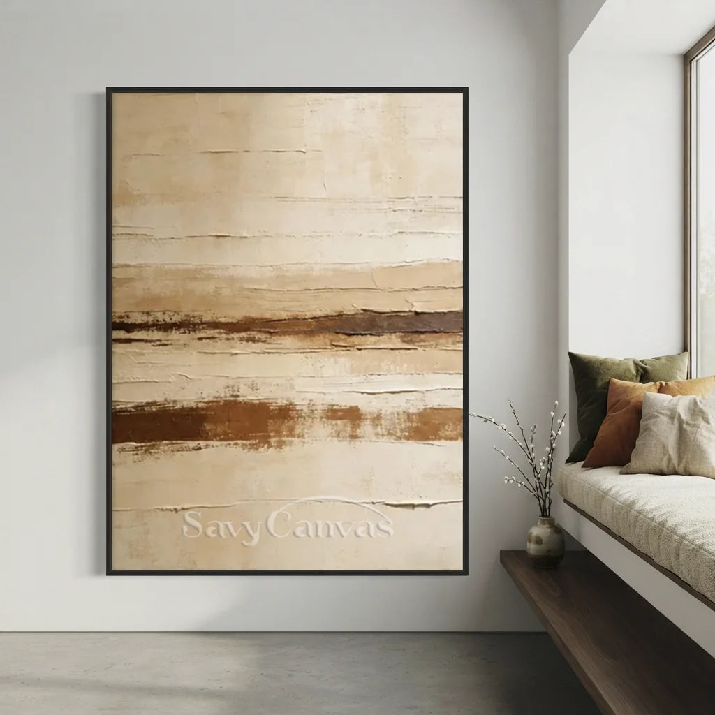 Handpainted Textured Beige & Brown Horizontal Line Abstract Painting #ZC 53