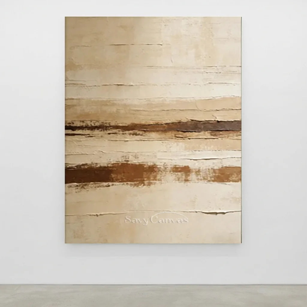 Handpainted Textured Beige & Brown Horizontal Line Abstract Painting #ZC 53