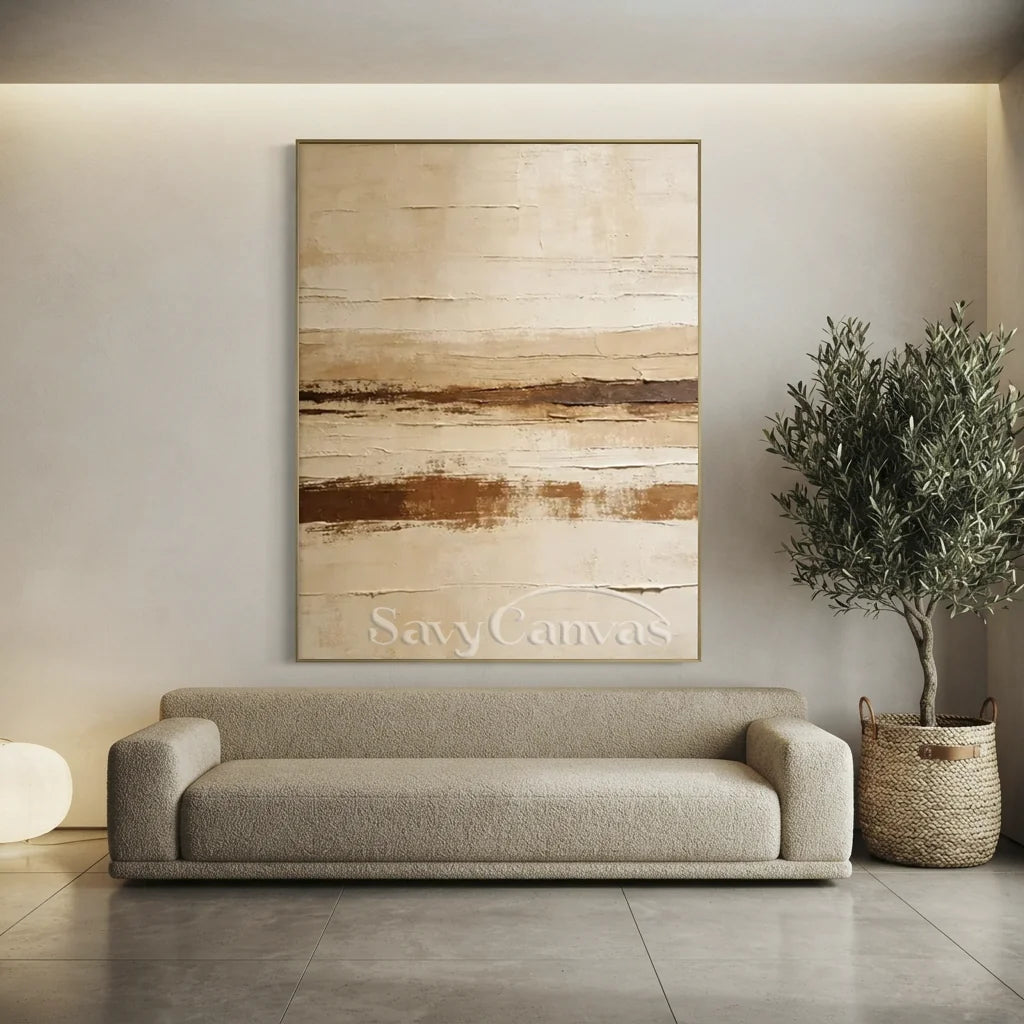 Handpainted Textured Beige & Brown Horizontal Line Abstract Painting #ZC 53