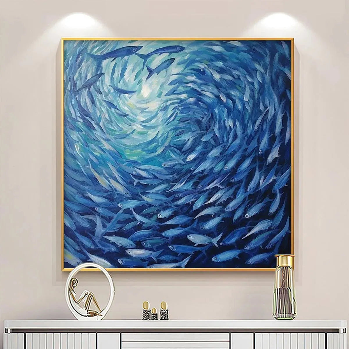 Swirling Blue Fish Painting | Large Textured Ocean Life Art #ZZ 240