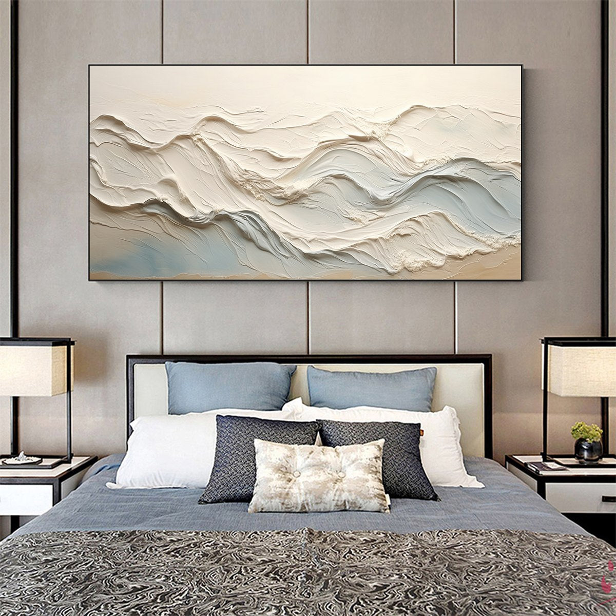 Large White and Pale Blue Textured Canvas | Minimalist 3D Art #AA 432