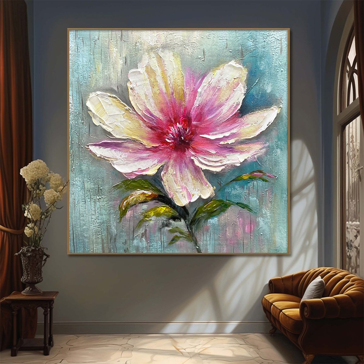 Textured 3D Pink Flower Painting | Impasto Floral Wall Art