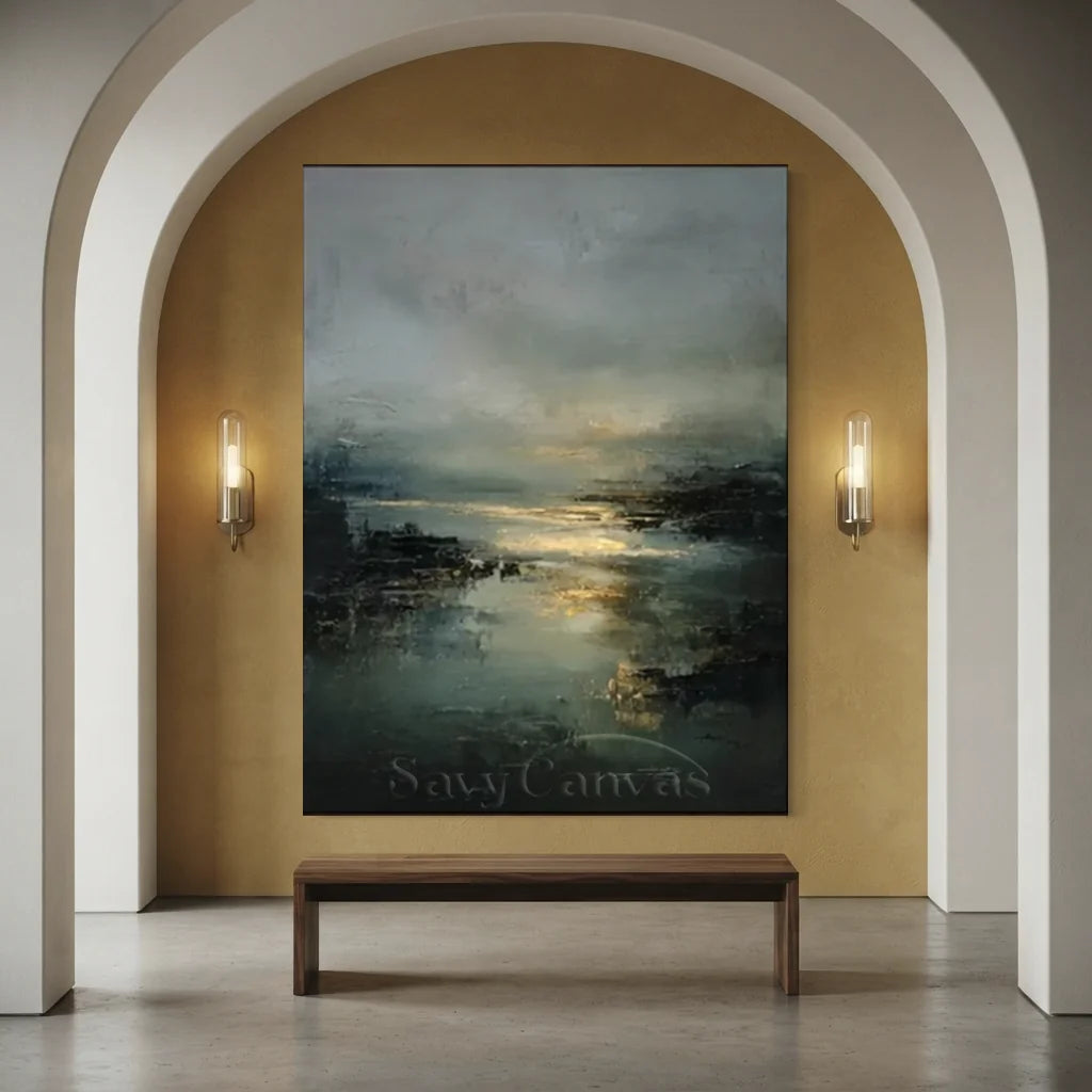 Handpainted Impressionist Ocean & Sky Gold Horizon Oil Painting #ZC 54