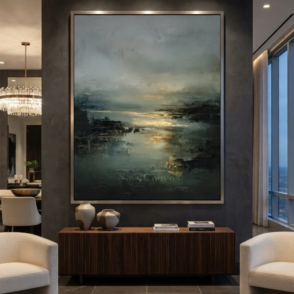 Hand-painted impressionist ocean landscape oil painting featuring moody grey sky, heavy impasto wave textures, and glowing gold horizon light for modern home decor