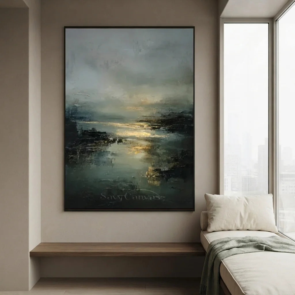 Handpainted Impressionist Ocean & Sky Gold Horizon Oil Painting #ZC 54