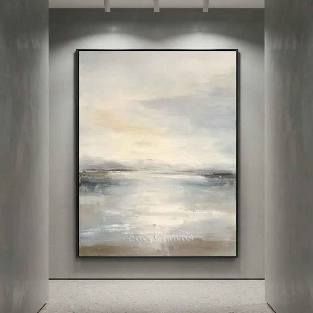 Handpainted Soft Mist Grey & Blue Ocean Sky Seascape Oil Painting #ZC 56