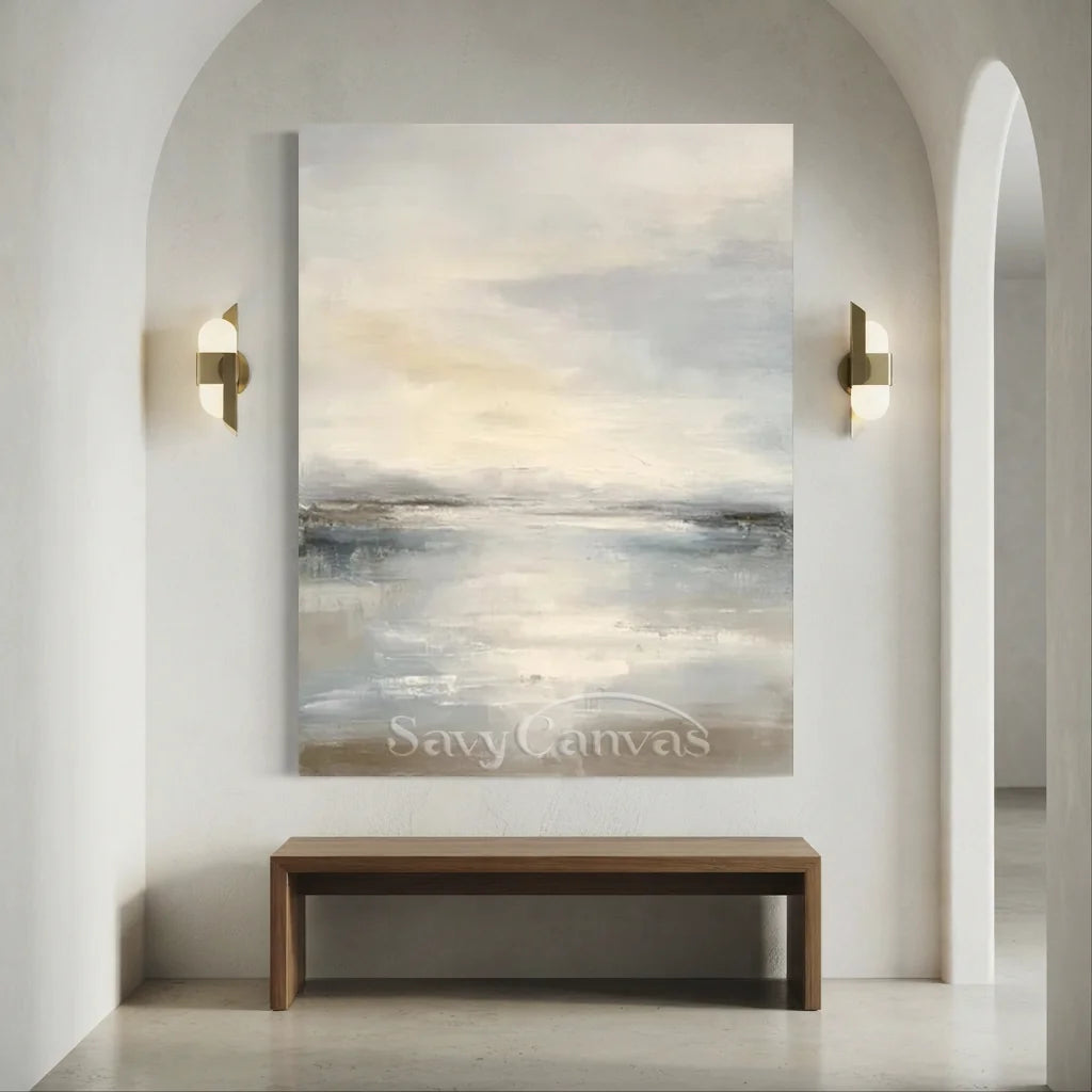 Handpainted Soft Mist Grey & Blue Ocean Sky Seascape Oil Painting #ZC 56