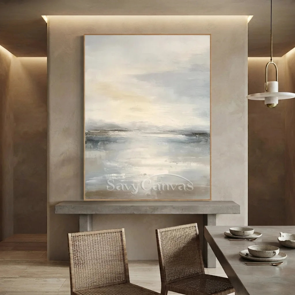 Handpainted Soft Mist Grey & Blue Ocean Sky Seascape Oil Painting #ZC 56