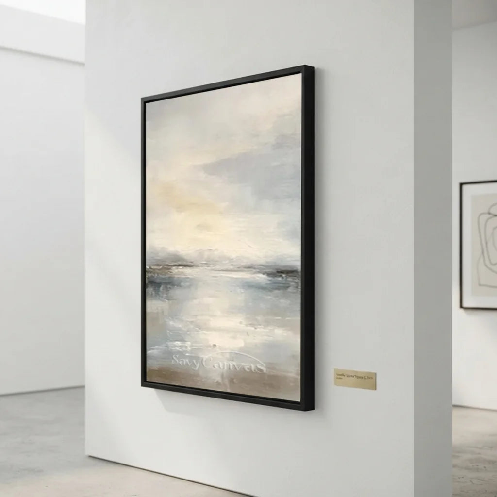 Handpainted Soft Mist Grey & Blue Ocean Sky Seascape Oil Painting #ZC 56