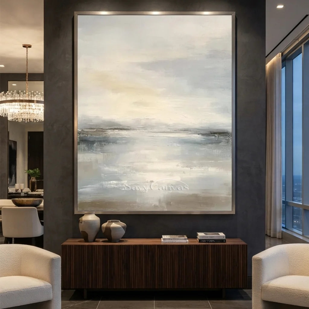 Handpainted Soft Mist Grey & Blue Ocean Sky Seascape Oil Painting #ZC 56