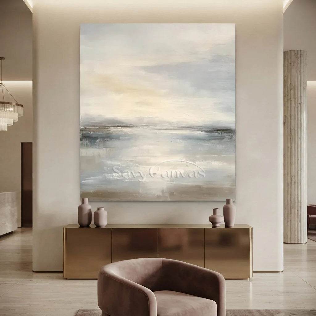 Handpainted Soft Mist Grey & Blue Ocean Sky Seascape Oil Painting #ZC 56