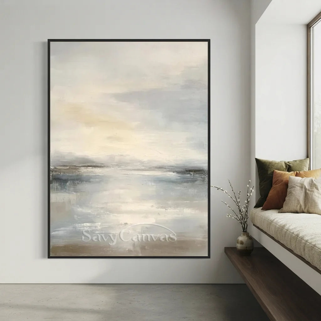 Handpainted Soft Mist Grey & Blue Ocean Sky Seascape Oil Painting #ZC 56