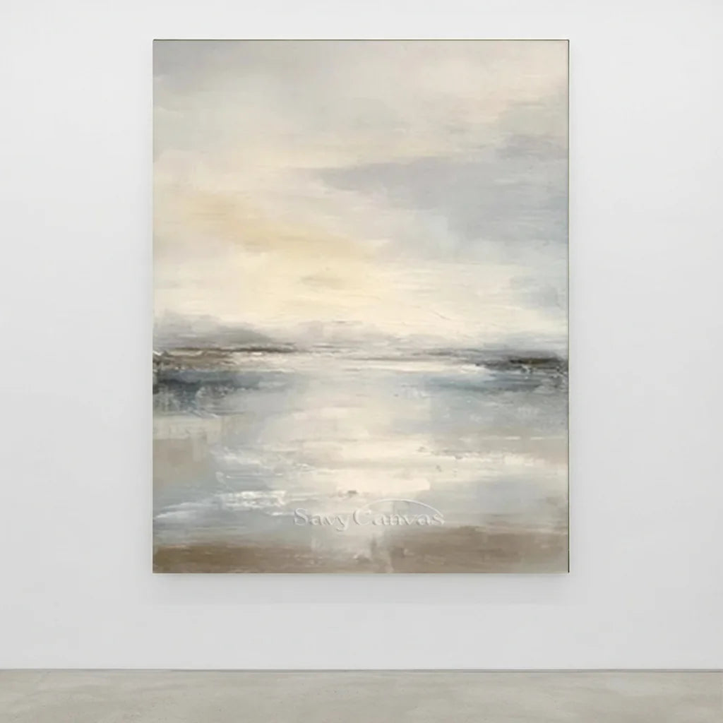Handpainted Soft Mist Grey & Blue Ocean Sky Seascape Oil Painting #ZC 56