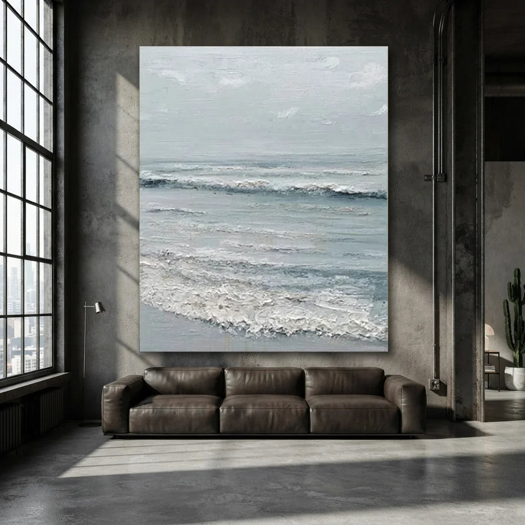 Hand-painted impressionist coastal ocean seascape oil painting featuring heavy impasto white wave textures in soft mist grey and tranquil blue tones for home wall decor