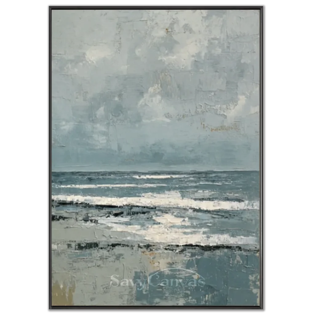 Handpainted Textured Grey Blue Ocean Sky Coastal Seascape Painting #ZC 57