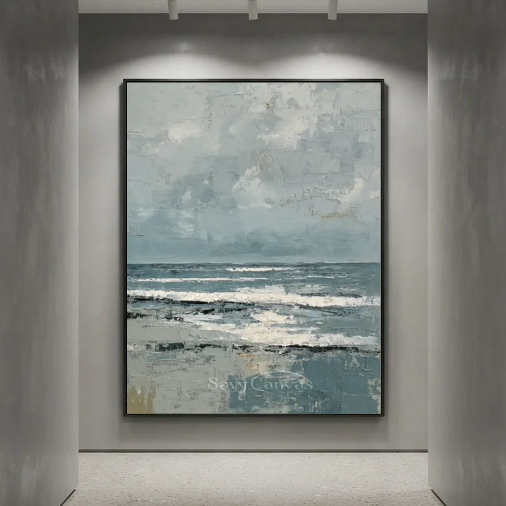 Handpainted Textured Grey Blue Ocean Sky Coastal Seascape Painting #ZC 57
