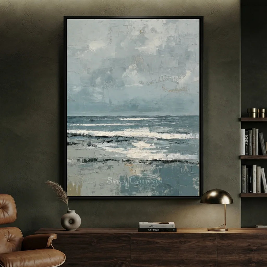 Handpainted Textured Grey Blue Ocean Sky Coastal Seascape Painting #ZC 57