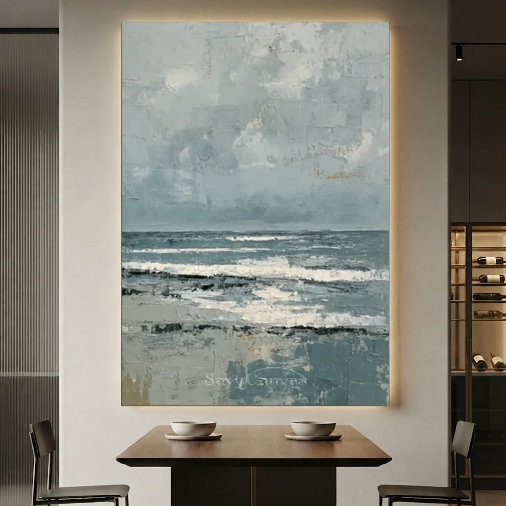 Handpainted Textured Grey Blue Ocean Sky Coastal Seascape Painting #ZC 57