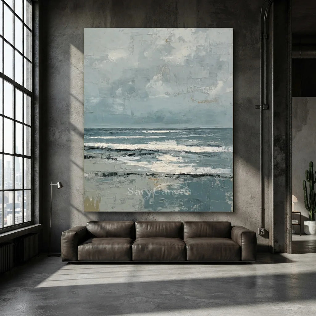 Handpainted Textured Grey Blue Ocean Sky Coastal Seascape Painting #ZC 57