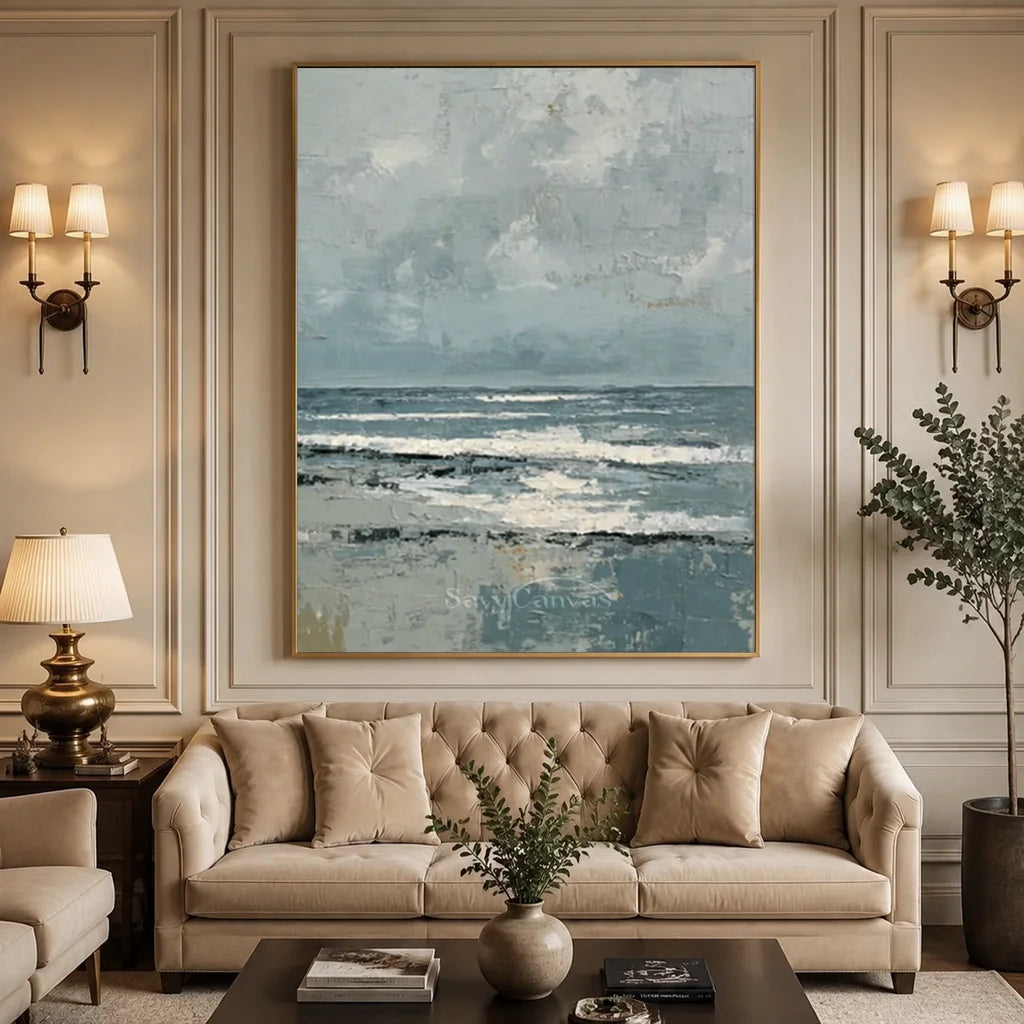 Handpainted Textured Grey Blue Ocean Sky Coastal Seascape Painting #ZC 57