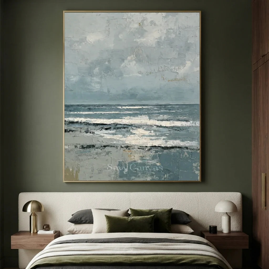 Handpainted Textured Grey Blue Ocean Sky Coastal Seascape Painting #ZC 57