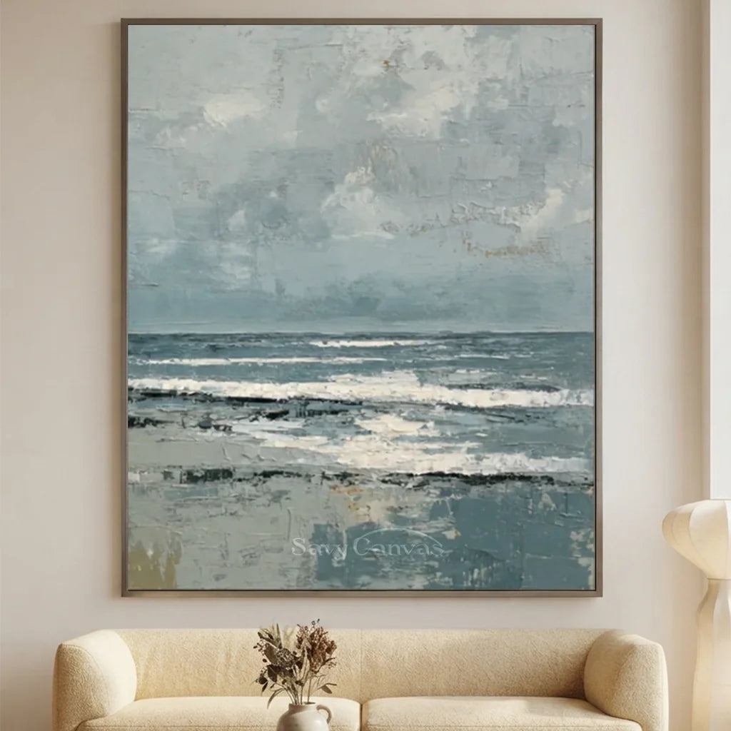 Hand-painted impressionist coastal ocean seascape oil painting featuring heavy impasto wave textures in slate grey, cloud white, and stormy blue for home wall decor