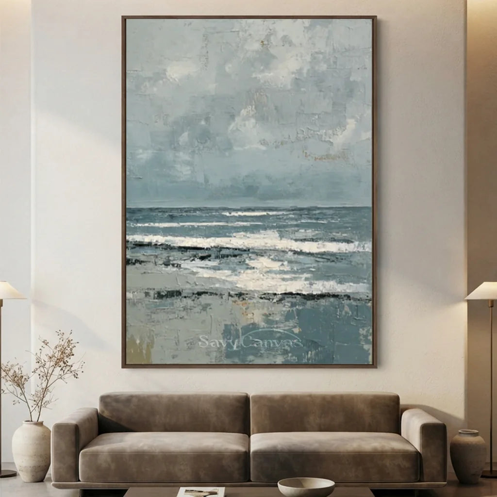 Handpainted Textured Grey Blue Ocean Sky Coastal Seascape Painting #ZC 57