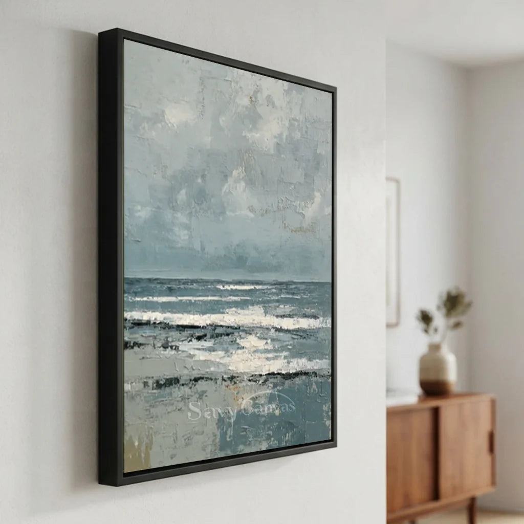Handpainted Textured Grey Blue Ocean Sky Coastal Seascape Painting #ZC 57