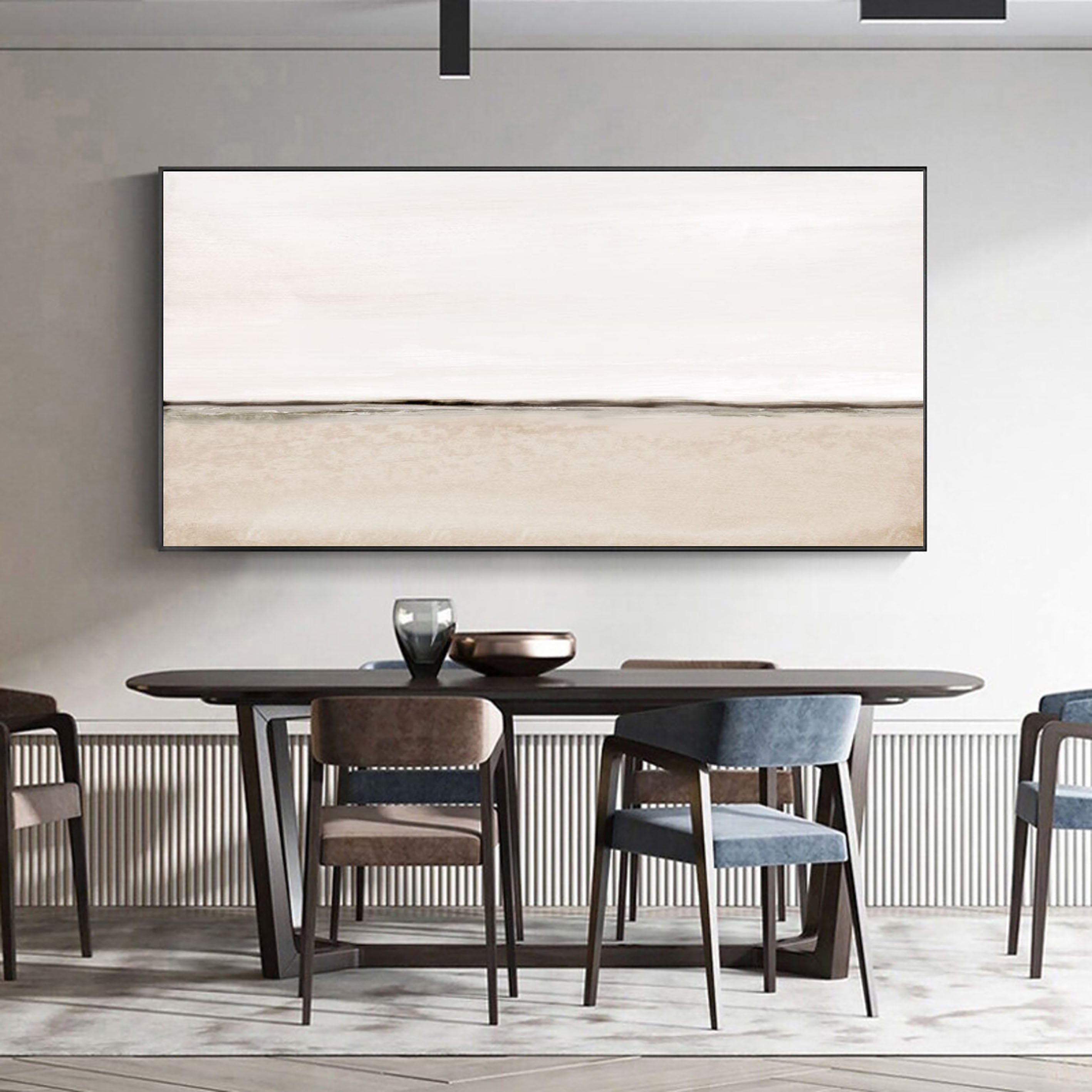 Neutral Color Horizontal Abstract Art - Beige and Grey Minimalist Oil Painting