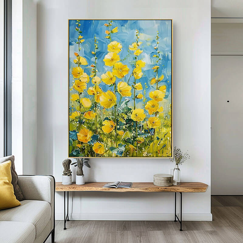 Yellow Hollyhocks Canvas Wall Art | Vertical Floral Garden Print #AA 348
