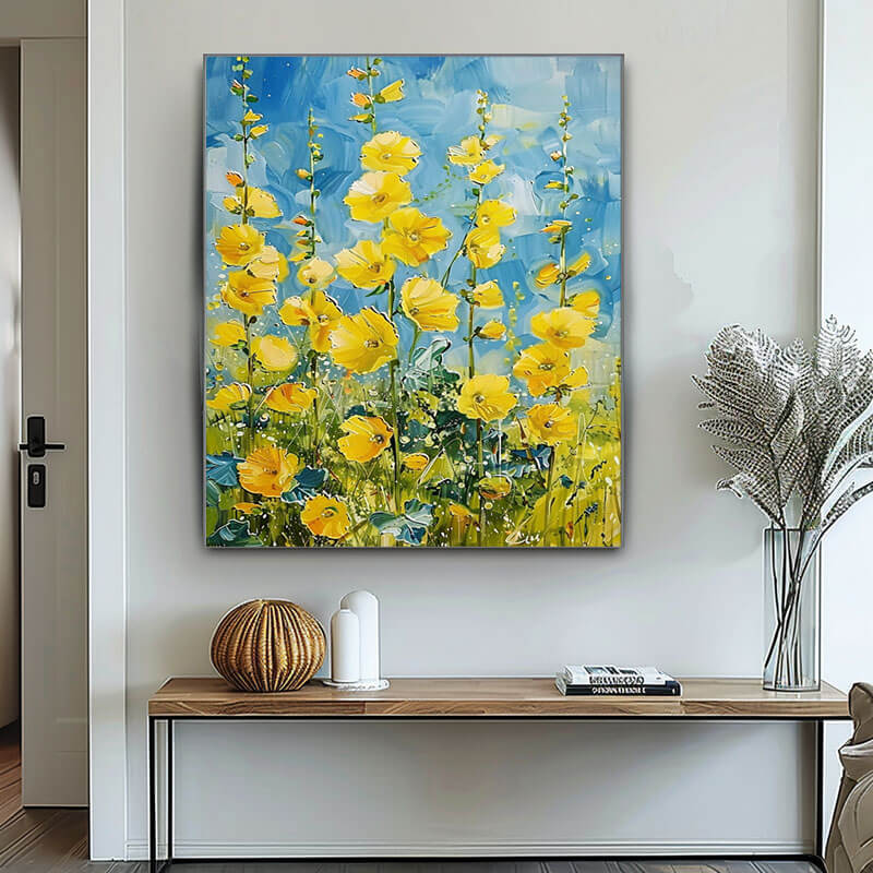 Yellow Hollyhocks Canvas Wall Art | Vertical Floral Garden Print #AA 348