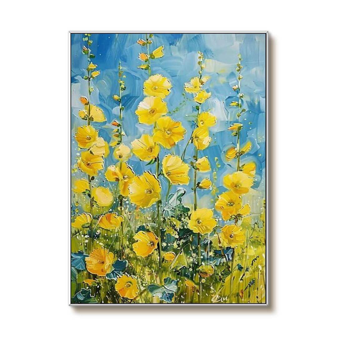 Yellow Hollyhocks Canvas Wall Art | Vertical Floral Garden Print #AA 348
