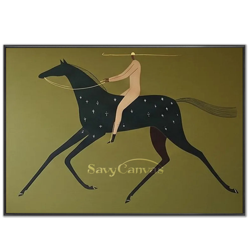 Premium handmade abstract modern oil painting featuring a minimalist rider on a black horse adorned with small star patterns against a solid olive green background.