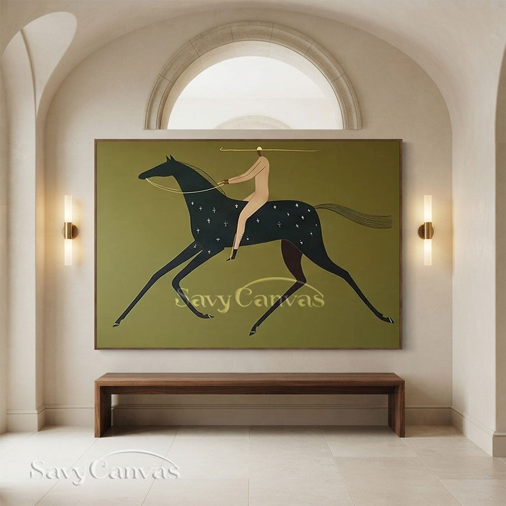 Handmade Modern Abstract Equestrian Olive Green Oil Painting #ZC 025