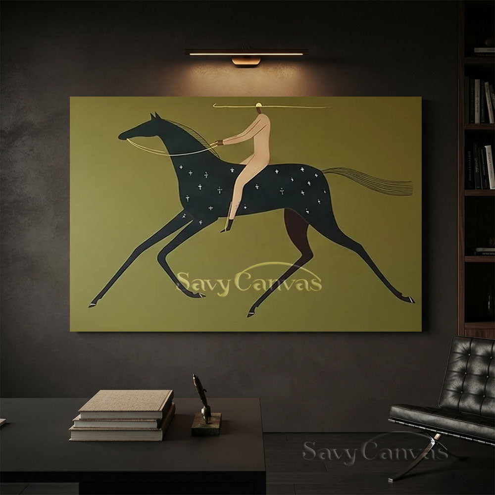 Handmade Modern Abstract Equestrian Olive Green Oil Painting #ZC 025