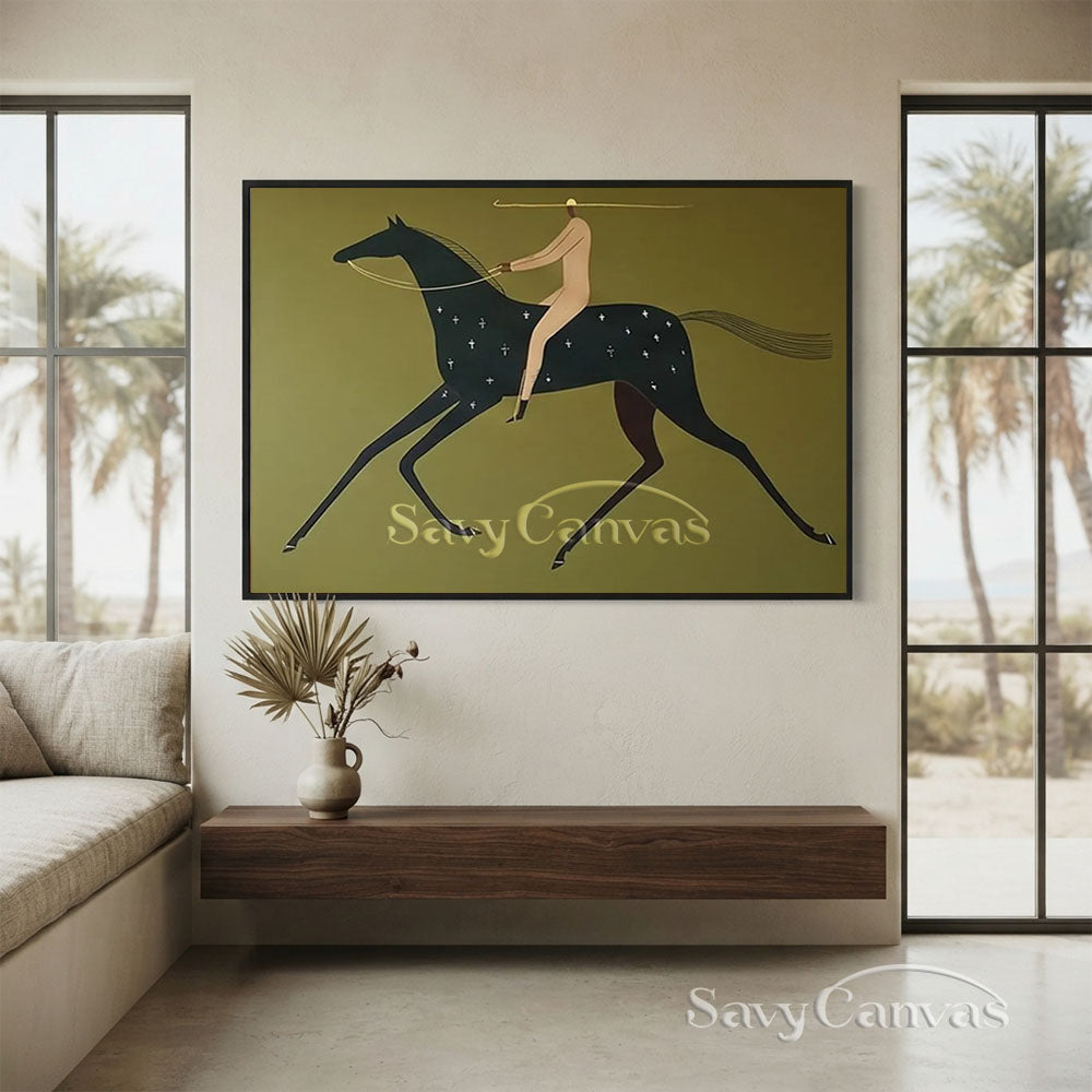 Handmade Modern Abstract Equestrian Olive Green Oil Painting #ZC 025
