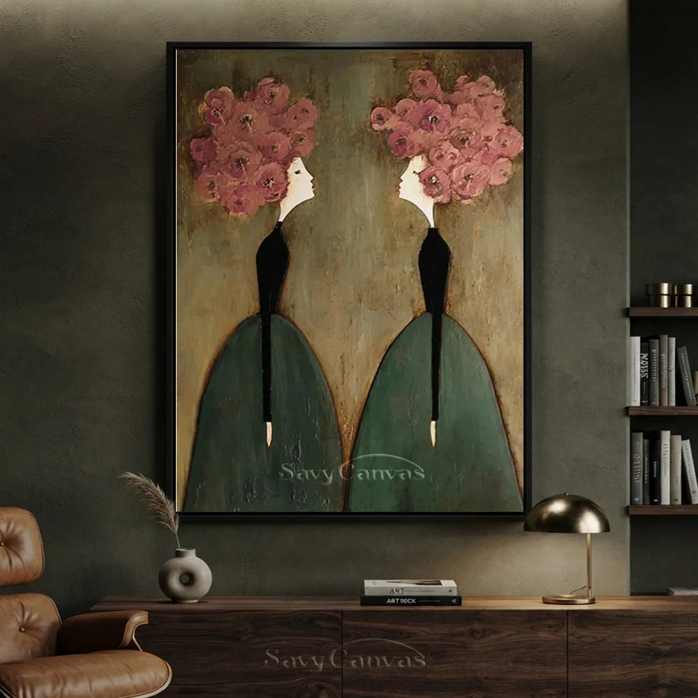 Pink Floral and Olive Abstract Figures Art #SS 299